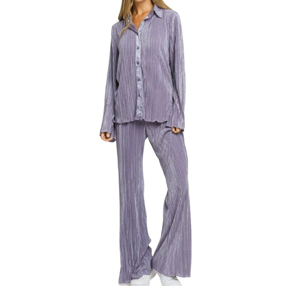 Better Be Forever Plisse Shirt and Pant Set Purple Size Small NWT